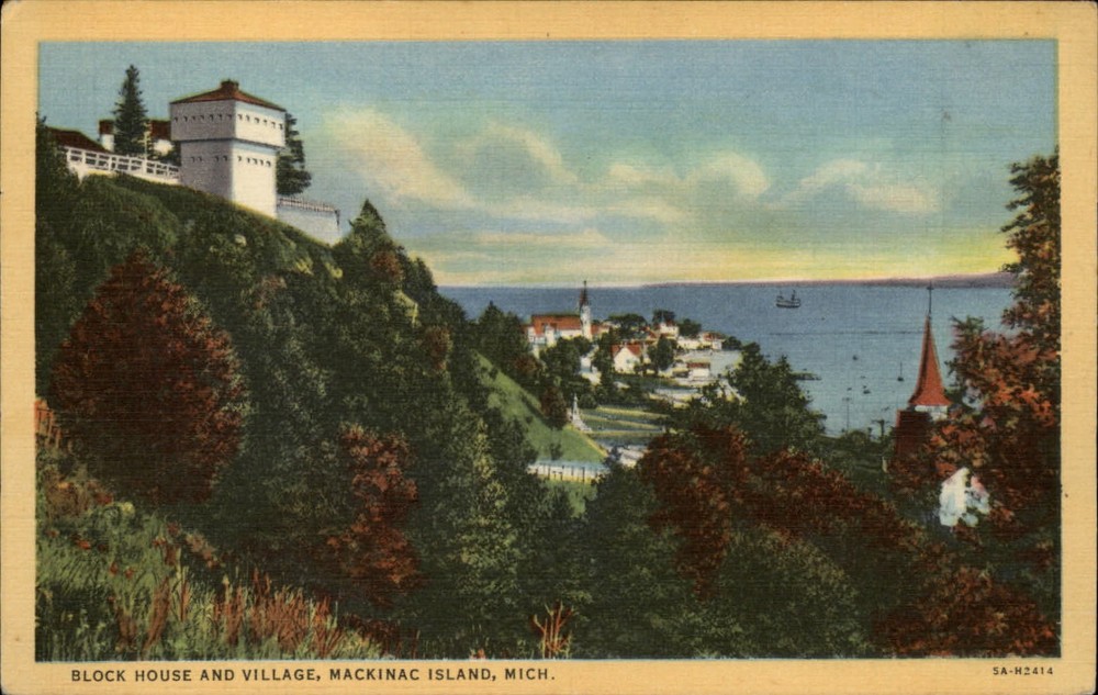 Mackinac Island Michigan Block House village aerial view vintage linen postcard