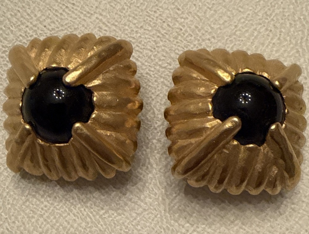 Givenchy Vintage Gold Tone Black Cabochon Clip On Earrings Paris New York Signed