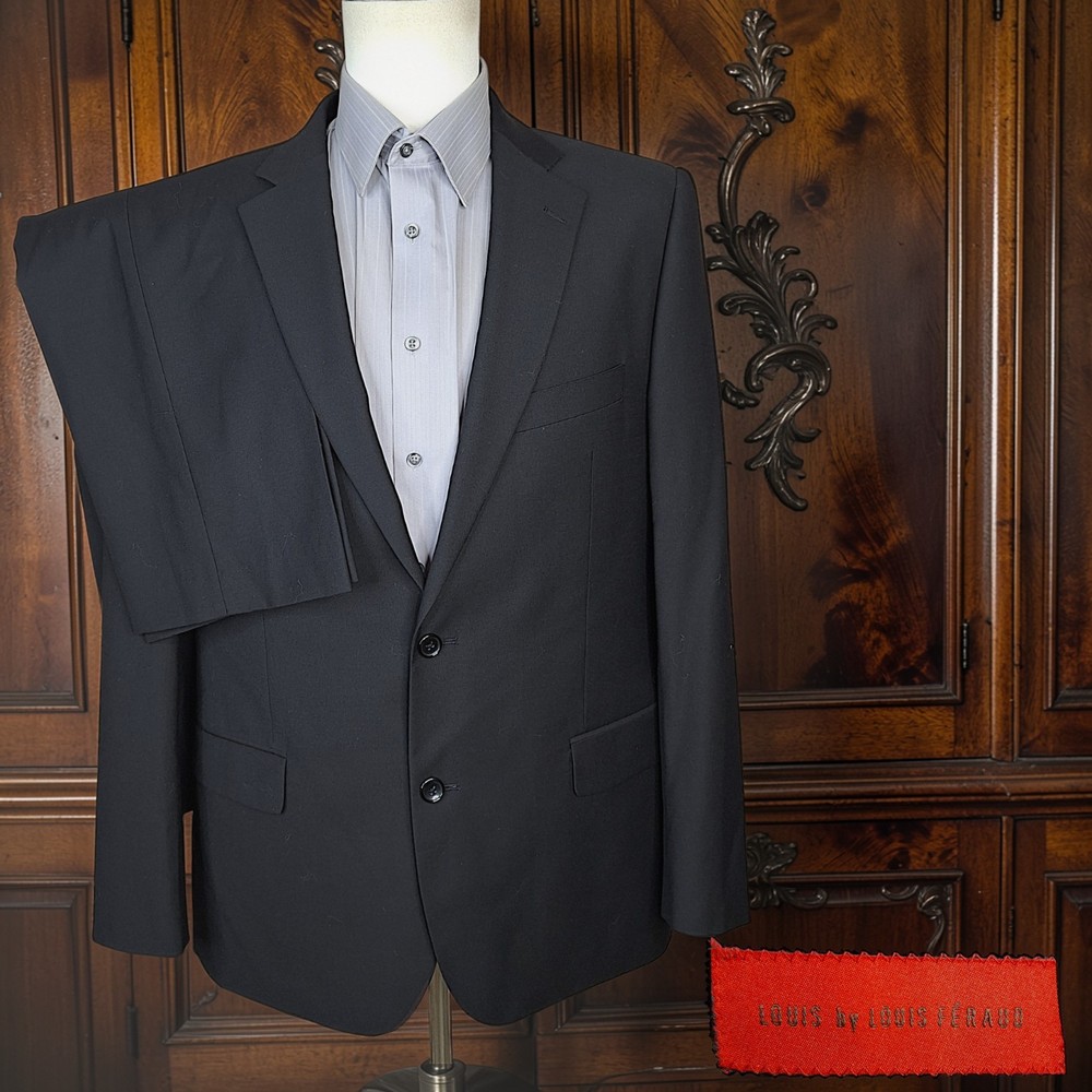 Louis Feraud Suit 2 Piece Mens 42R 36X31 Black Double Vented Wool
