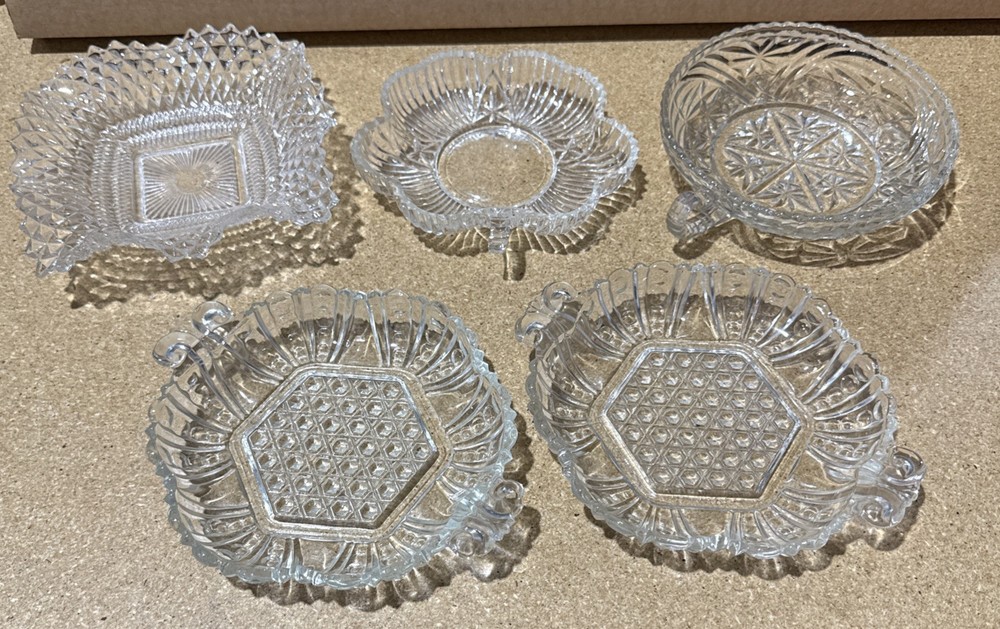 VTG Pressed Cut Glass Trinket Dishes Lot of 5 Clear Candy Nut Bowls 6” Mismatch