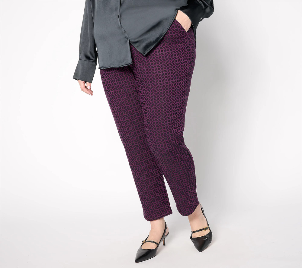 Joan Rivers Regular Jacquard Geo Straight Leg Ankle Pant Purple Black 1X