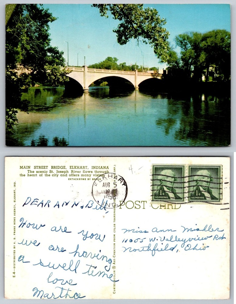 Elkhart Indiana Main Street Bridge St. Joseph River 1950 Curteich Chrome