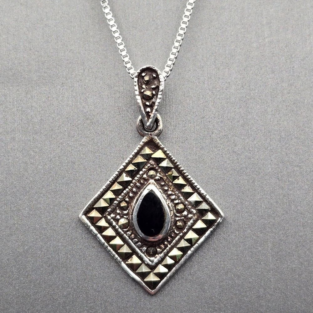VTG Sterling Silver Black Onyx Pendant Necklace 20