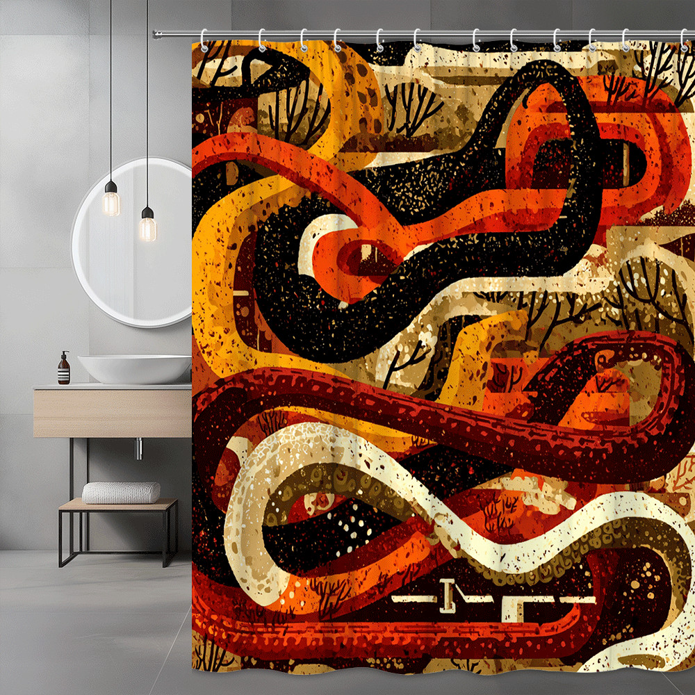 Abstract Retro Swirl Shower Curtain Orange Black Beige Print