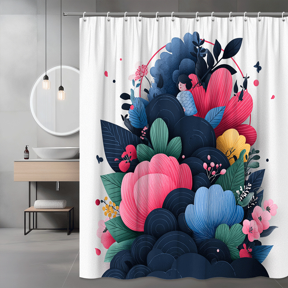 Floral Shower Curtain Pink Blue Navy Botanical Print
