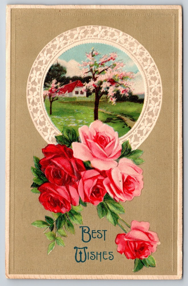 Greetings~Best Wishes~Pink & Red Roses~Cherry Blossom Tree Inset~Vtg Postcard