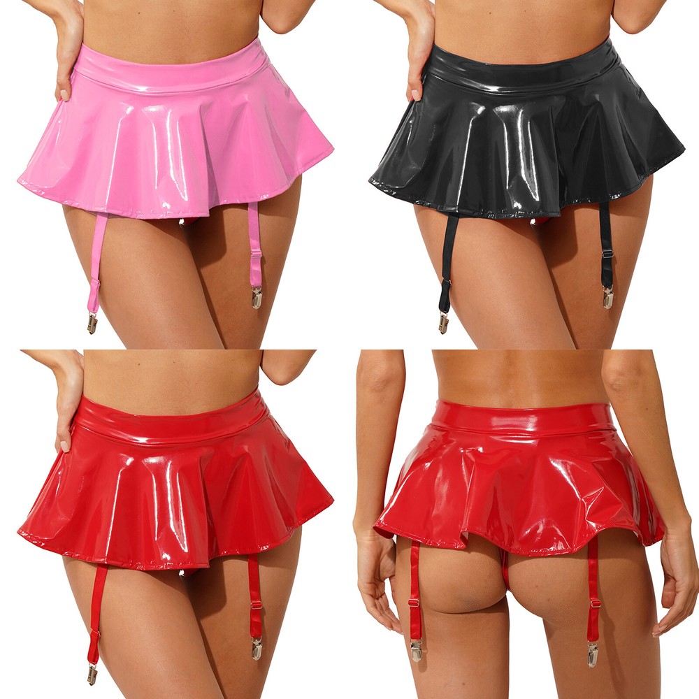 Womens Clubwear Metallic Miniskirt Faux Leather Skirts Sexy Suspender Adult PVC