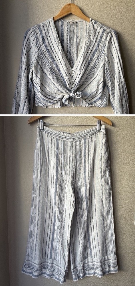 Beltaine 2pc Striped Crop Top Wide-Leg Pants Set 3/4 Sleeve  Size L Coastal Boho