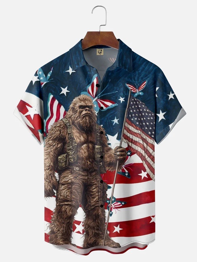 American Flag Bigfoot Chest Pocket Casual Shirt