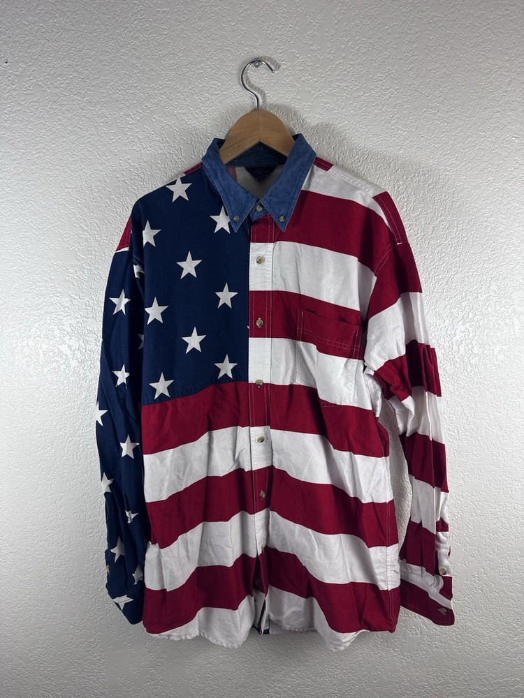 American flag button-up long sleeved shirt with denim collar by Roper-size med