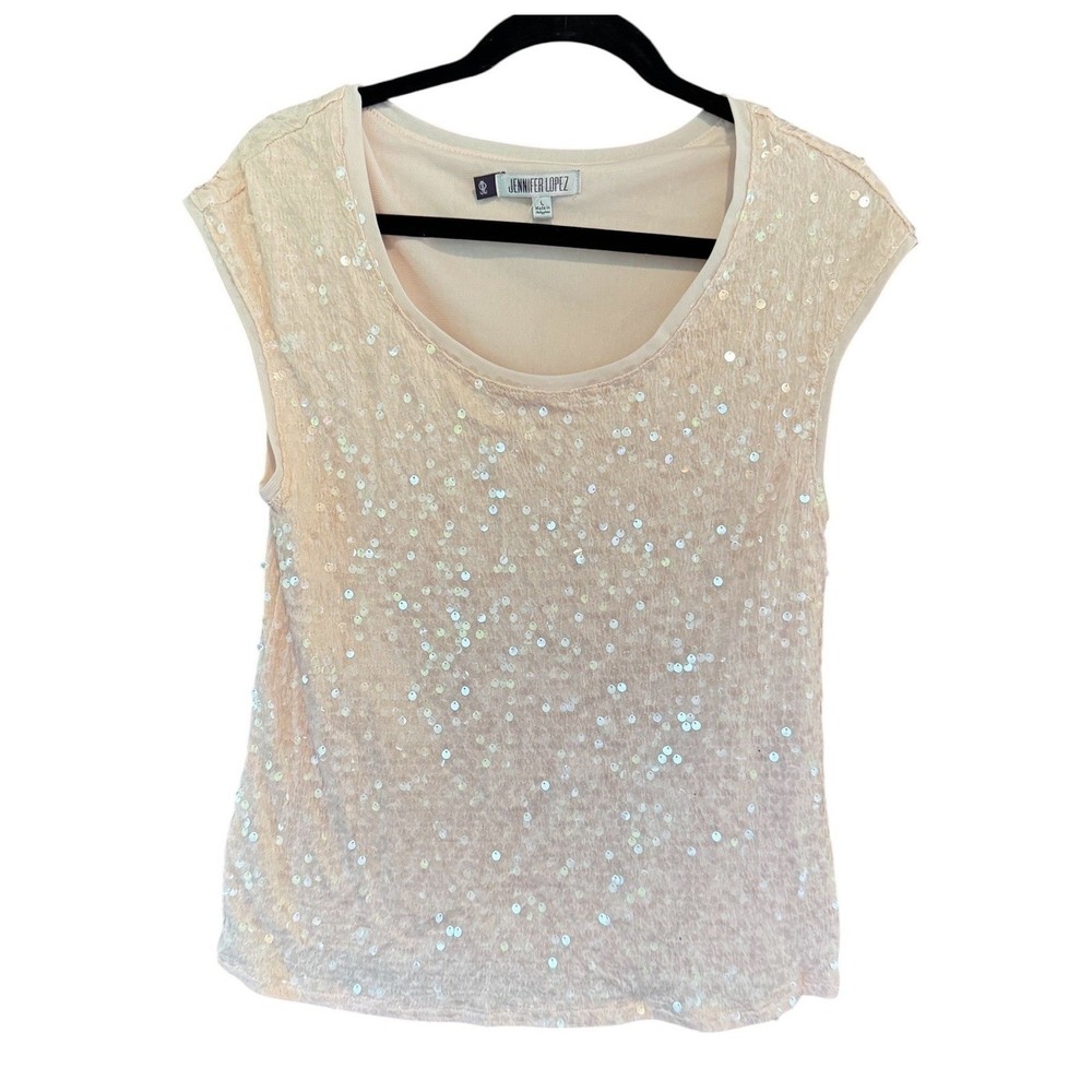 Jennifer Lopez Womens Blush Pink Sequin Tank Top Cap Sleeve Scoop Neck Blouse L