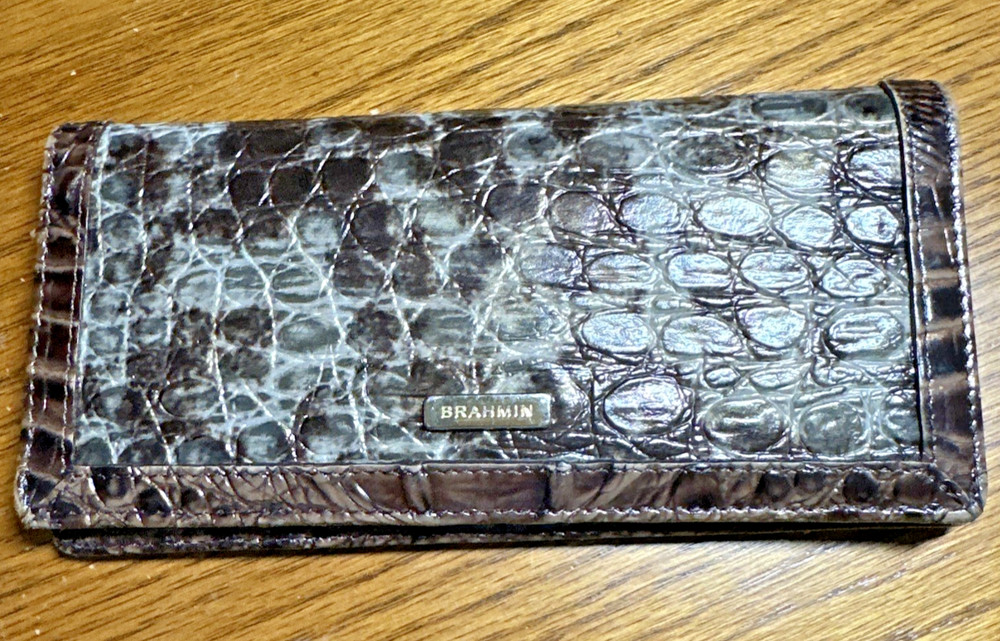 BRAHMIN Pecan Melbourne Ady Croc Embossed BiFold Check Card Wallet 