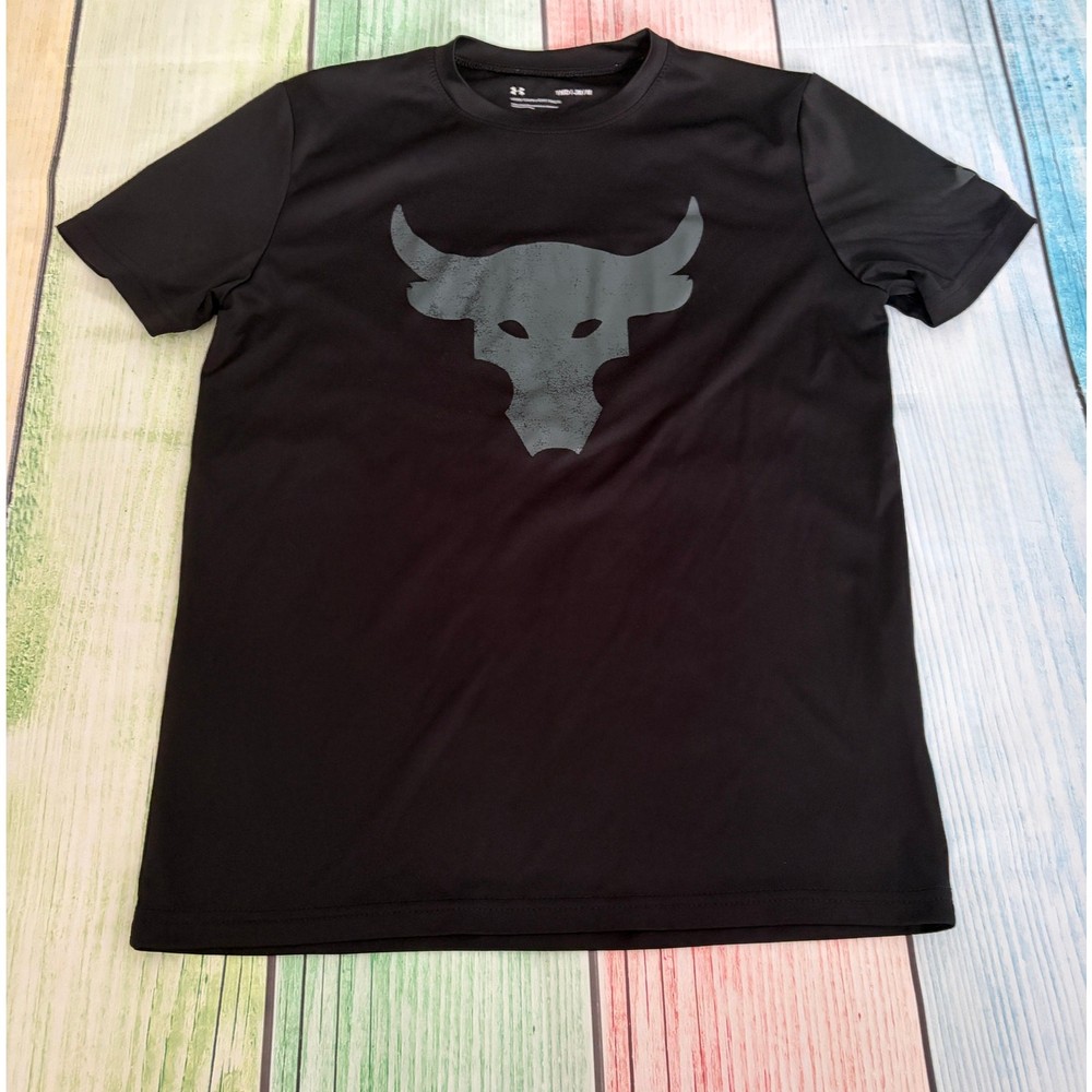 Under Armour Boys Youth Medium Black Bull Logo Short Sleeve T-Shirt EUC