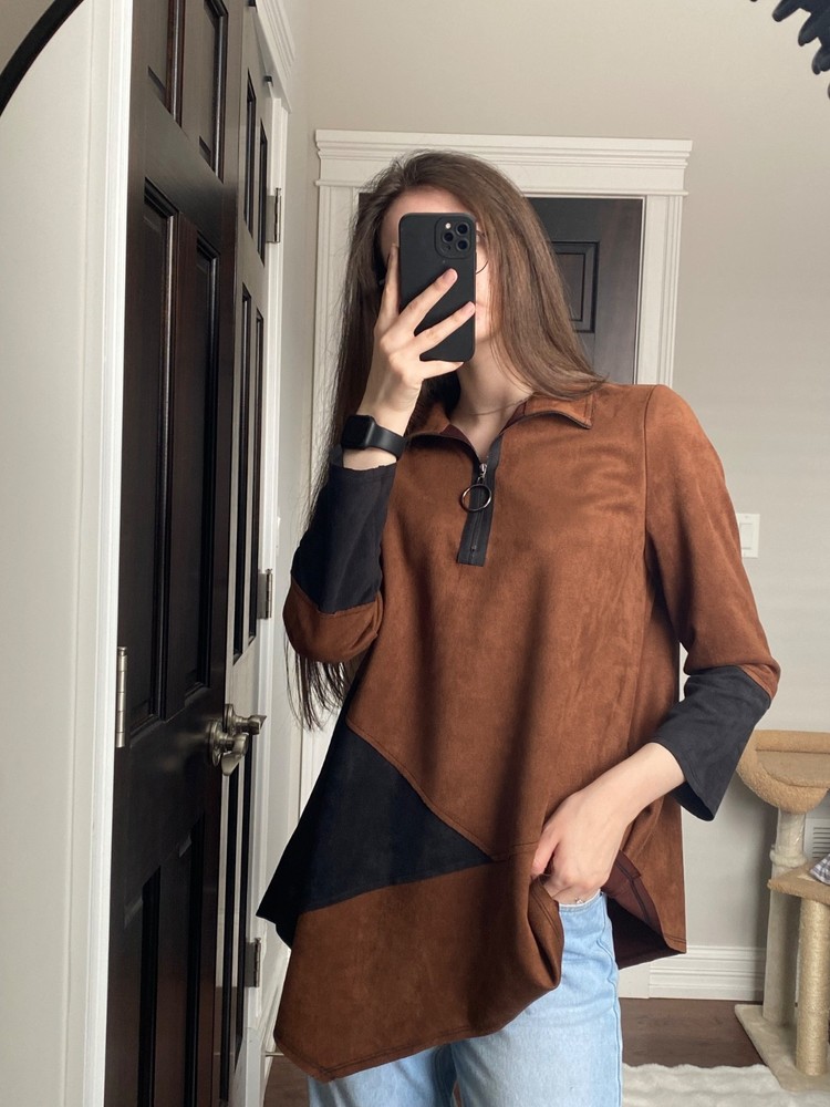IC by Connie K Brown Black Faux Suede Tunic Top Women’s Small Oversized