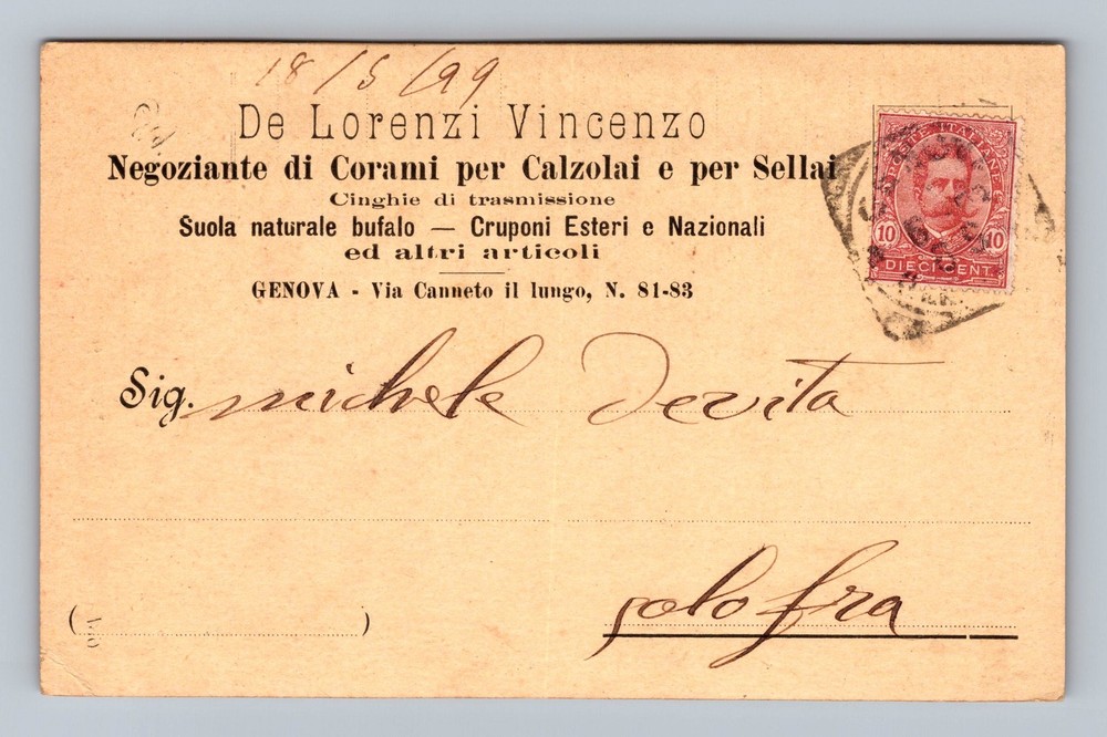 Italy- Genoa Vincenzo De Lorenzi Shoemaker Standard Postal Old Vintage Postcard