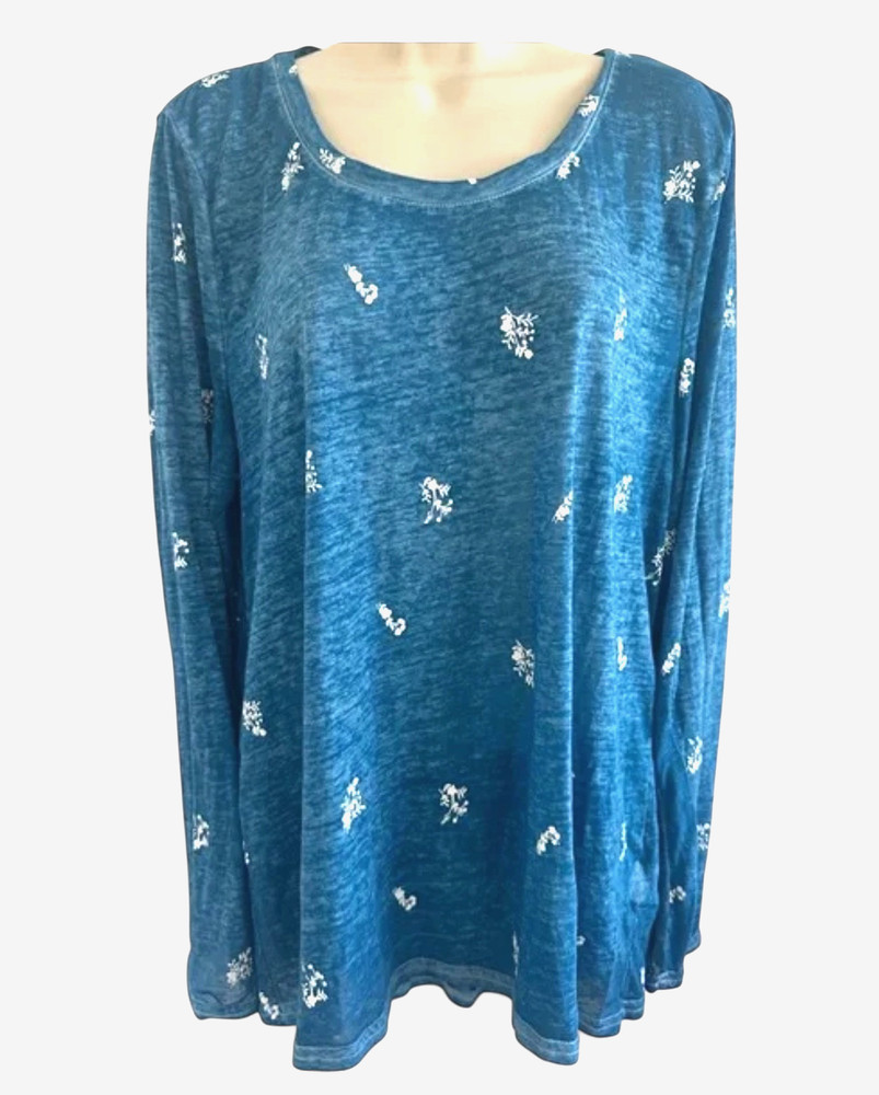 C & C CALIFORNIA Slub Knit T-Shirt Tee Top BLUE HEATHER w/WHITE FLOWERS sz 3X