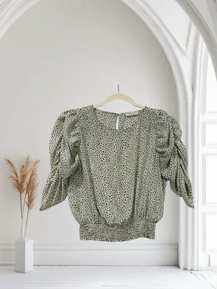 Boho Green Print Paper Crane Top with Ruched Sleeves for Women Medium Summer