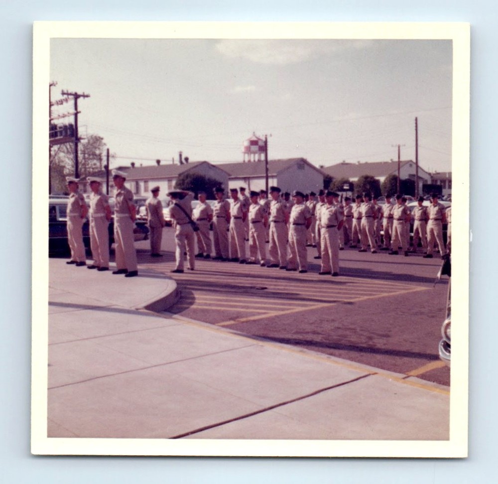 Old Vintage Square Color Photo MARINES MEN IN UNIFORM MILITARY BASE SNAPSHOT