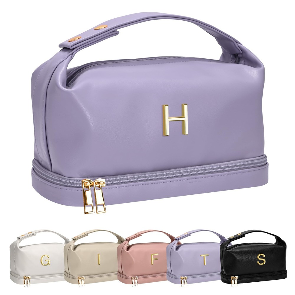 Vogewood Makeup Bag with Handle, Waterproof Double Layer Cosmetic Bag, Purple