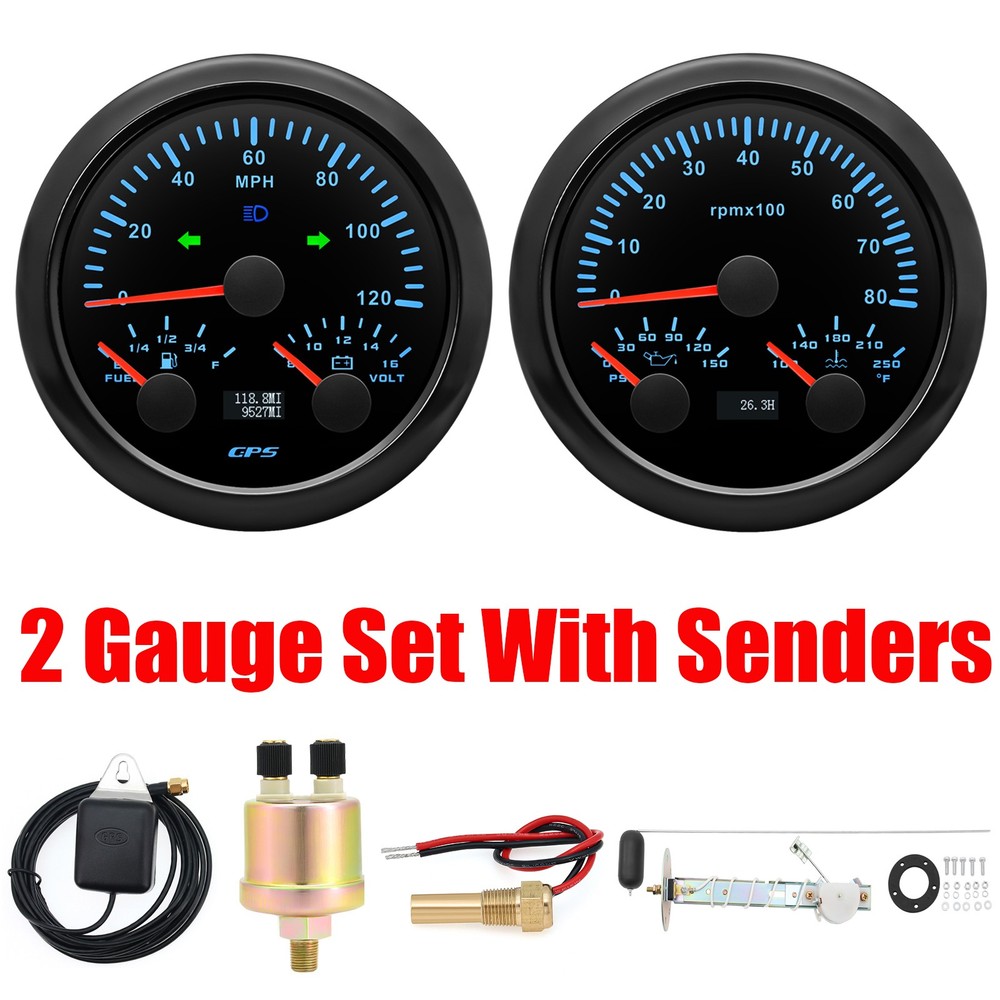 85mm GPS Speedometer 0-120MPH Fuel/Volt/Tacho/Oil Press/Water Temp with Senders
