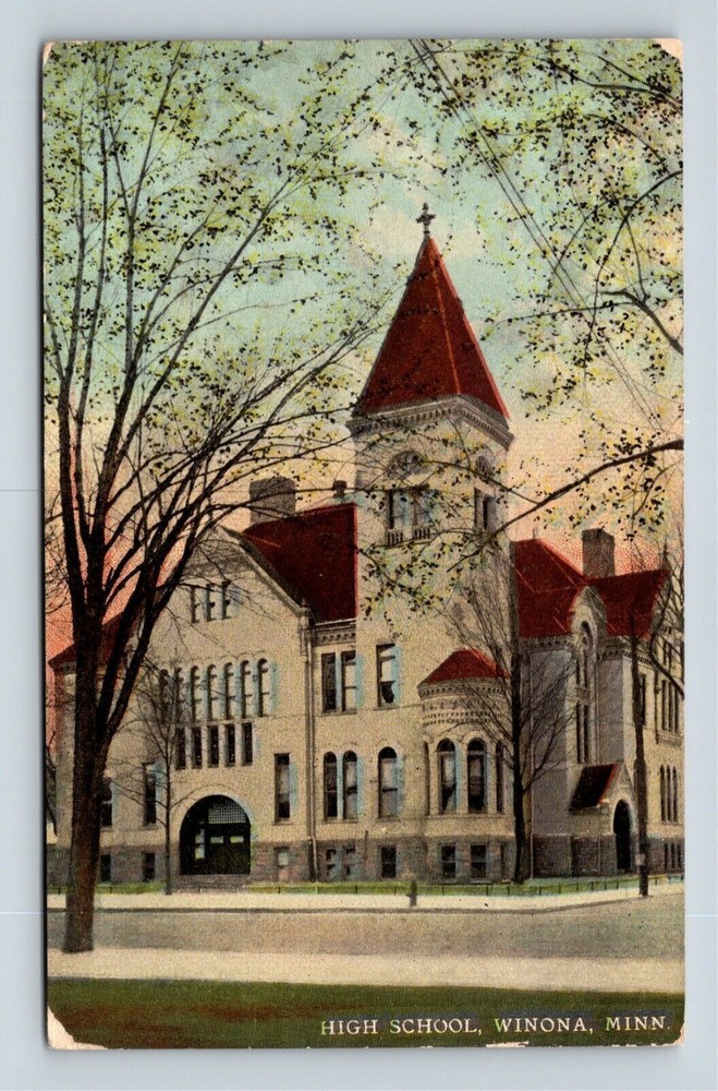 Winona MN, High School, Street View, Bell Tower, Minnesota Vintage Postcard