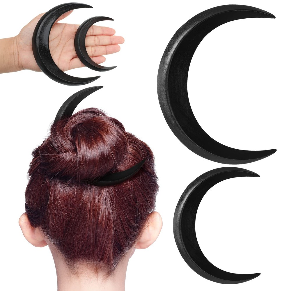 2 Pcs Hand Carved Wooden Crescent Moon Hair Forks - Boho Hair Sticks for Women