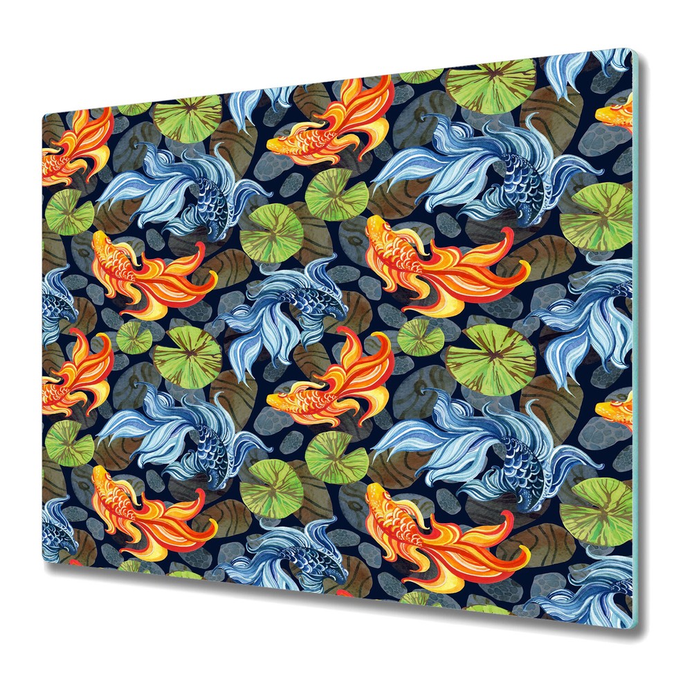 Glass Worktop Saver with Asian Goldfish in Orange and Blue Design 60x52cm