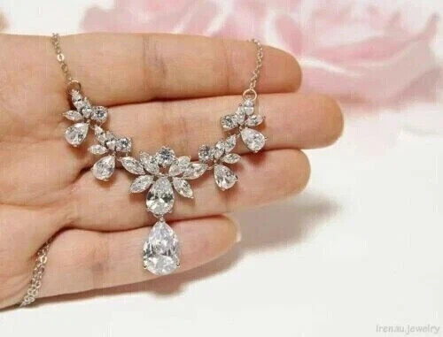 5Ct Lab-Created Pear Diamond Necklace in 14K White Gold 18 Inch