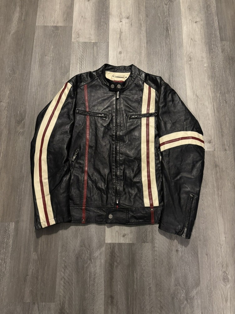 Vintage Y2K Wilsons Leather Jacket Men's Large Black with Red Biker Racer Stripe