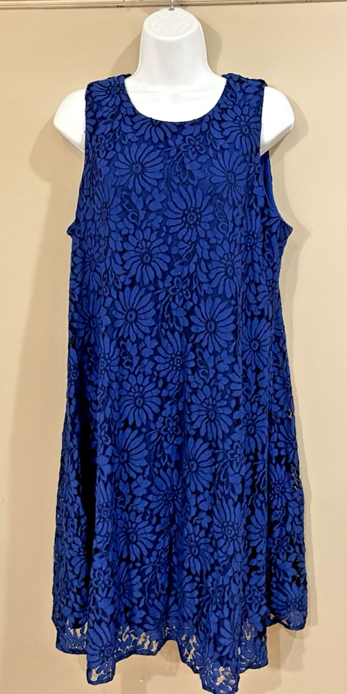 Tommy Hilfiger Women's Royal Blue Floral Lace Dress Size 14 Sleeveless Bright L