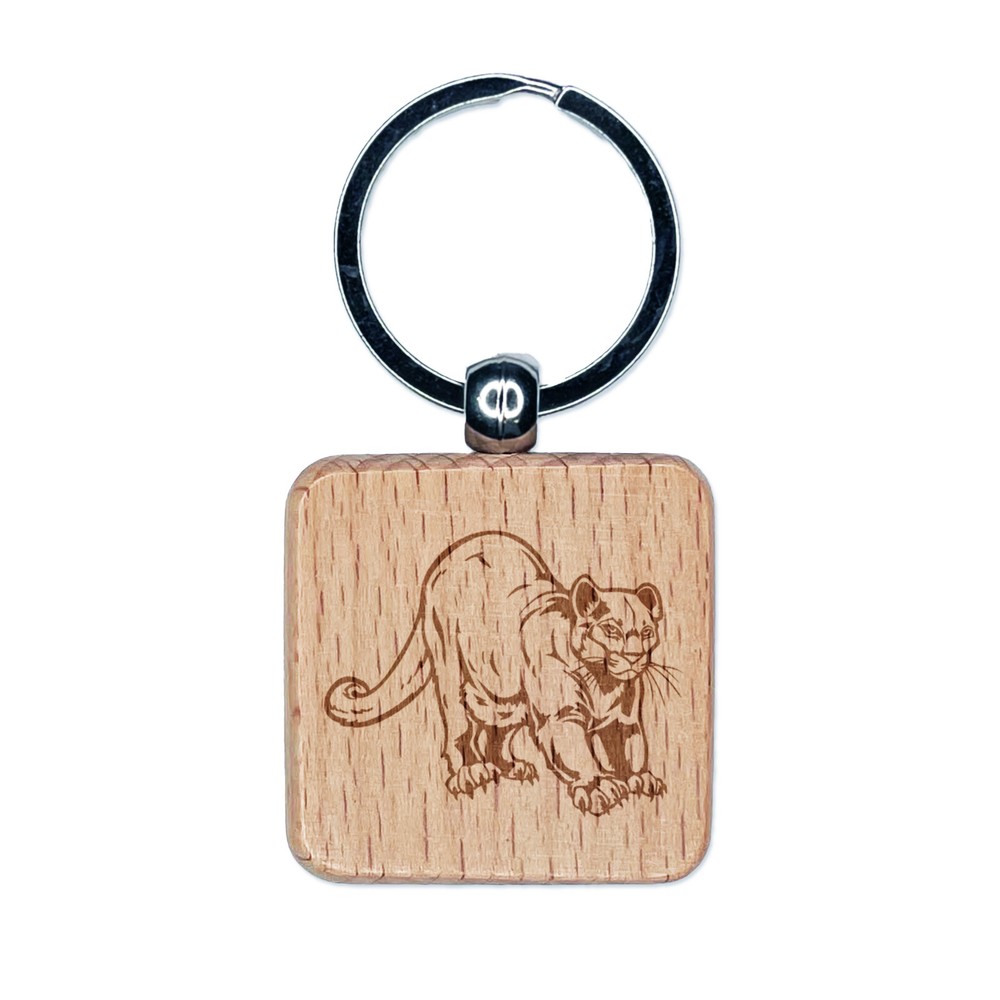 Stretching Mountain Lion Cougar Cat Engraved Wood Square Keychain Tag Charm