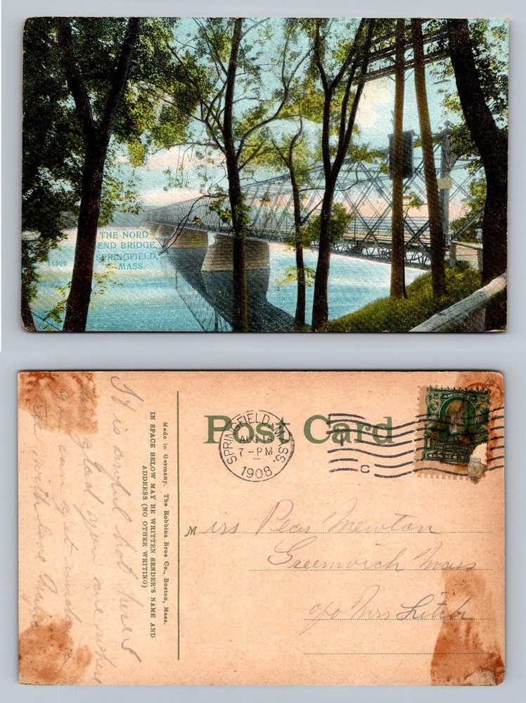 Springfield, MA-Massachusetts, North End Bridge Scene Vintage c1908 Postcard