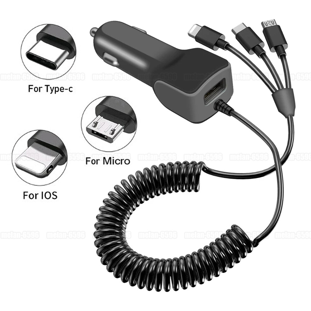 Car Charger W/ 3 in 1 Fast Charging Retractable Spring Cable For iPhone Samsung