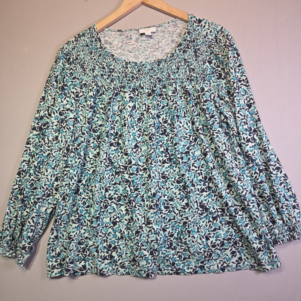 J Jill XL Floral Smocked Yoke Top Blue Aqua 3/4 Sleeve Cotton Modal Blouse
