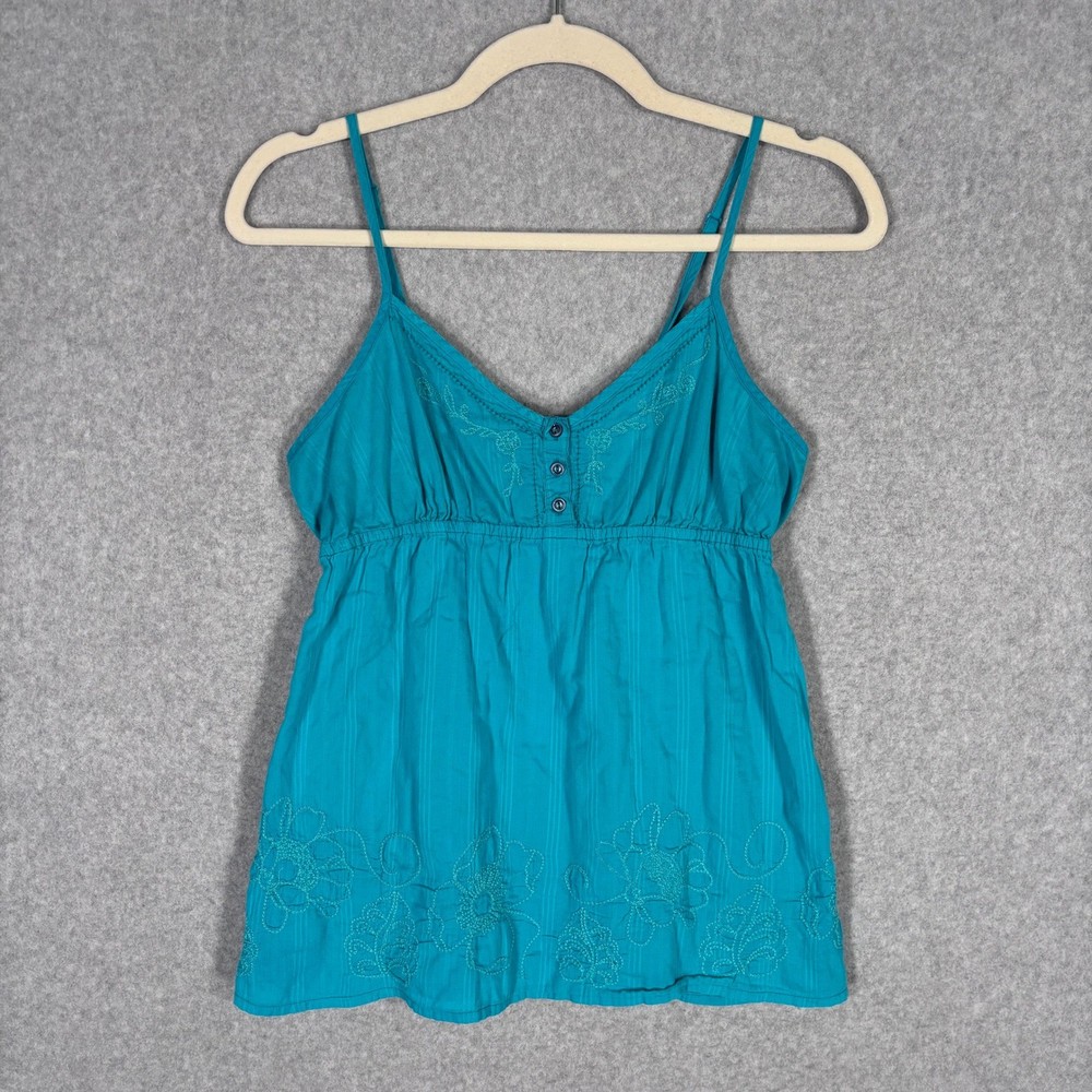 Y2K Aeropostale Babydoll Henley Cami Tank Top Medium Teal Embroidered Coquette