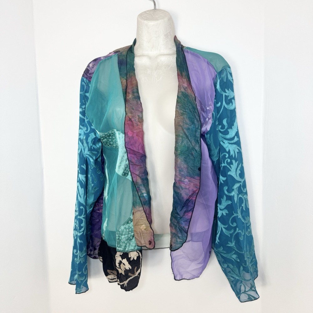 Vtg Sheer Silk Patchwork Kimono Jacket Open Front One Size Boho Indie Artsy