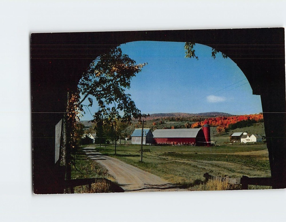 Postcard Farm scene from inside Covered Bridge in Coventry Vermont USA