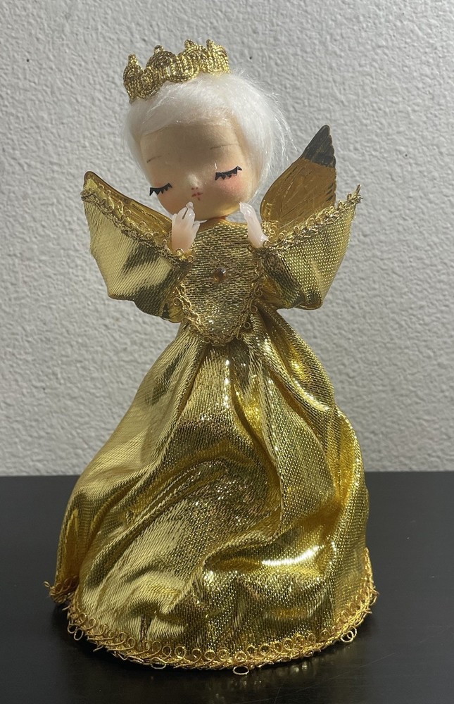 Vintage Angel Tree Topper Fabric Dress Halo  Tin/Metal Gold Tone Wings MCM JAPAN