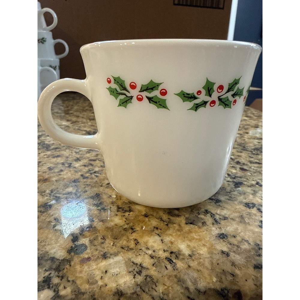 Vintage Corning Holly Berry Milk Glass Coffee Mug White Christmas Holiday Cup