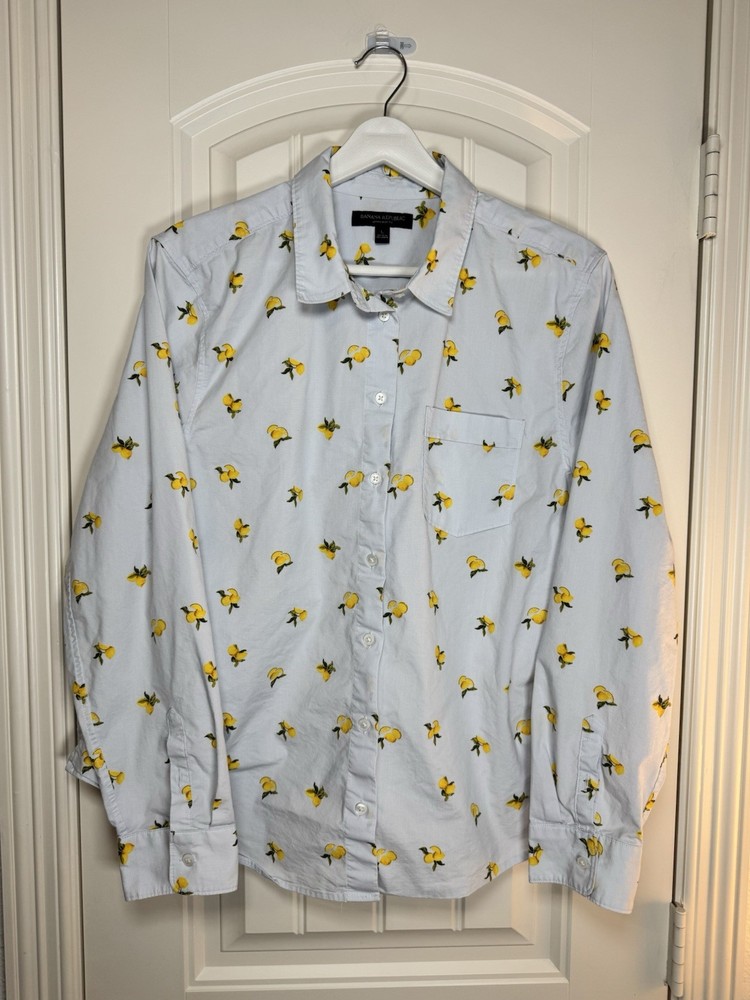 Banana Republic Lemon Patterned Button Up Collared Long Sleeve Shirt - Women’s L