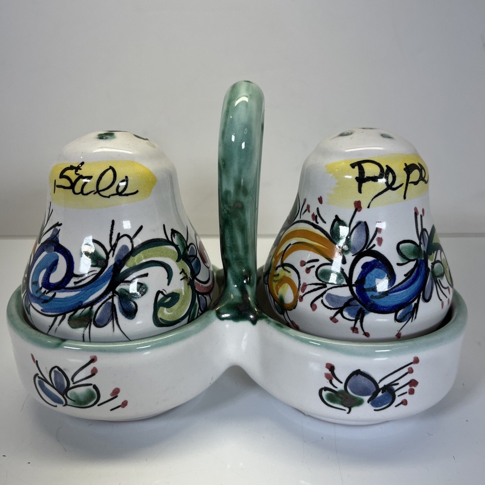Vintage Deruta Salt and Pepper Shaker Pottery Set with Holder. Missing Stoppers