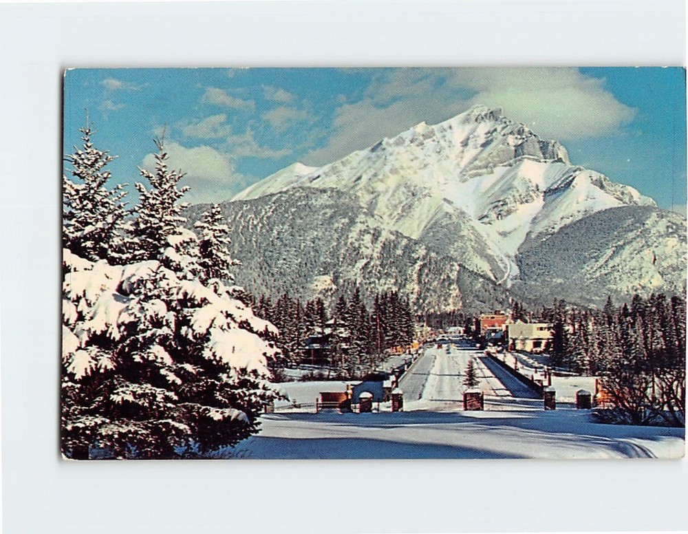Postcard Winter Scene At Main Street Banff Alberta With Cascade Mountain Canada