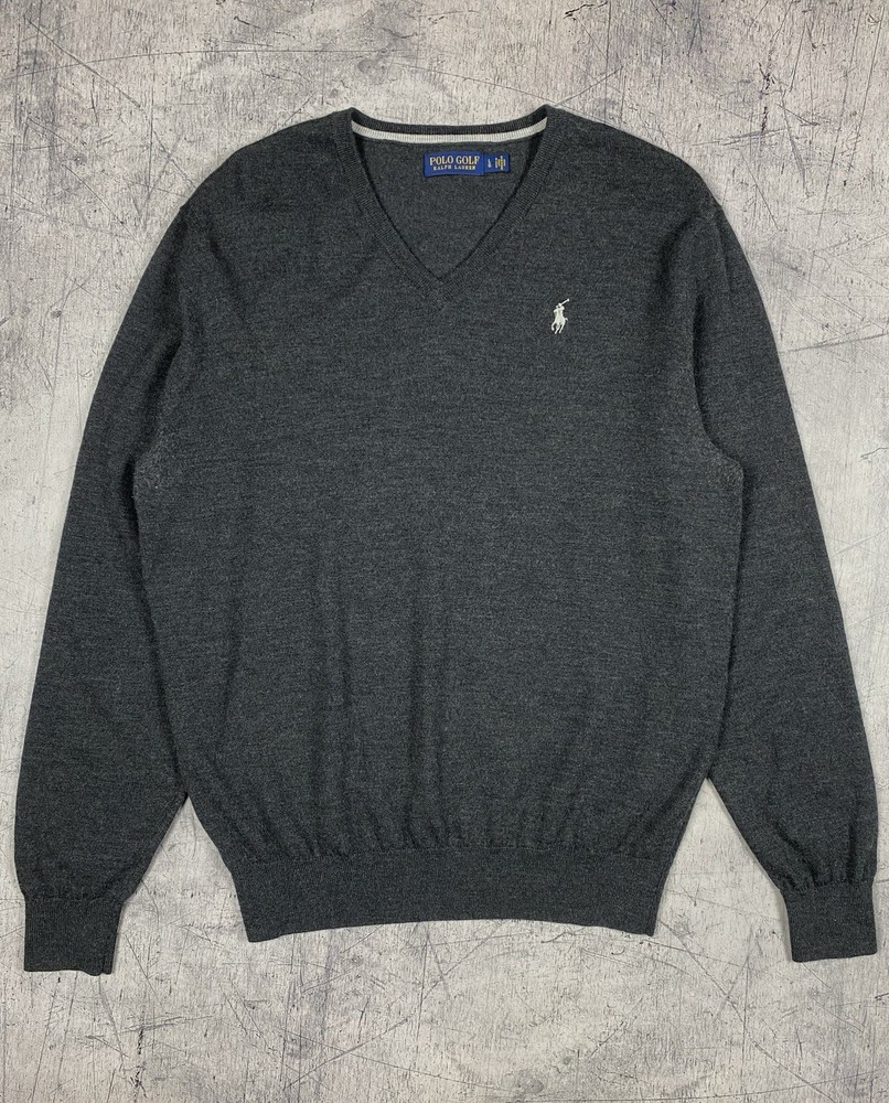 Polo Ralph Lauren Men's Gray V-Neck Knit Wool Sweater Jumper Polo Golf Size L