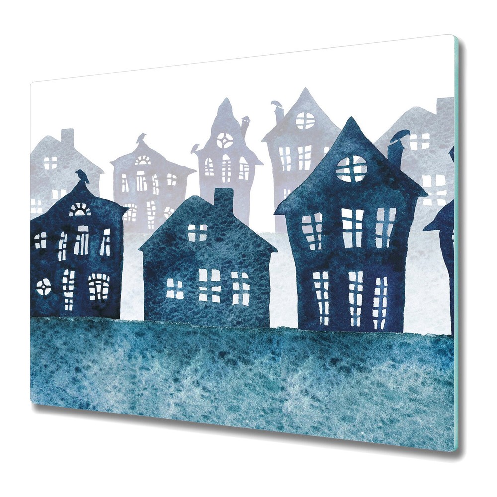 Glass Worktop Kitchen Chopping Board Watercolour Foggy town blue and white 60x52