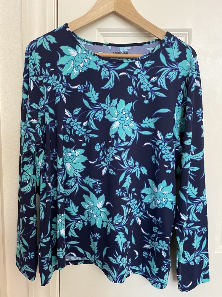 Lands End Swim Top Shirt 1X 16W-18W Blue Floral Long Sleeve Rash Guard Sun UPF