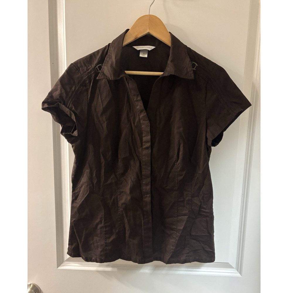 Christopher & Banks Solid Brown Collared Button-Up Blouse Short Sleeve M
