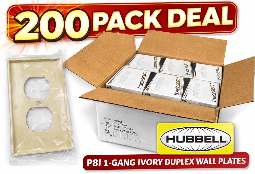 Lot of 200 Hubbell P8I Ivory Duplex Wall  1-Gang Outlet Covers Tradeselect NEW
