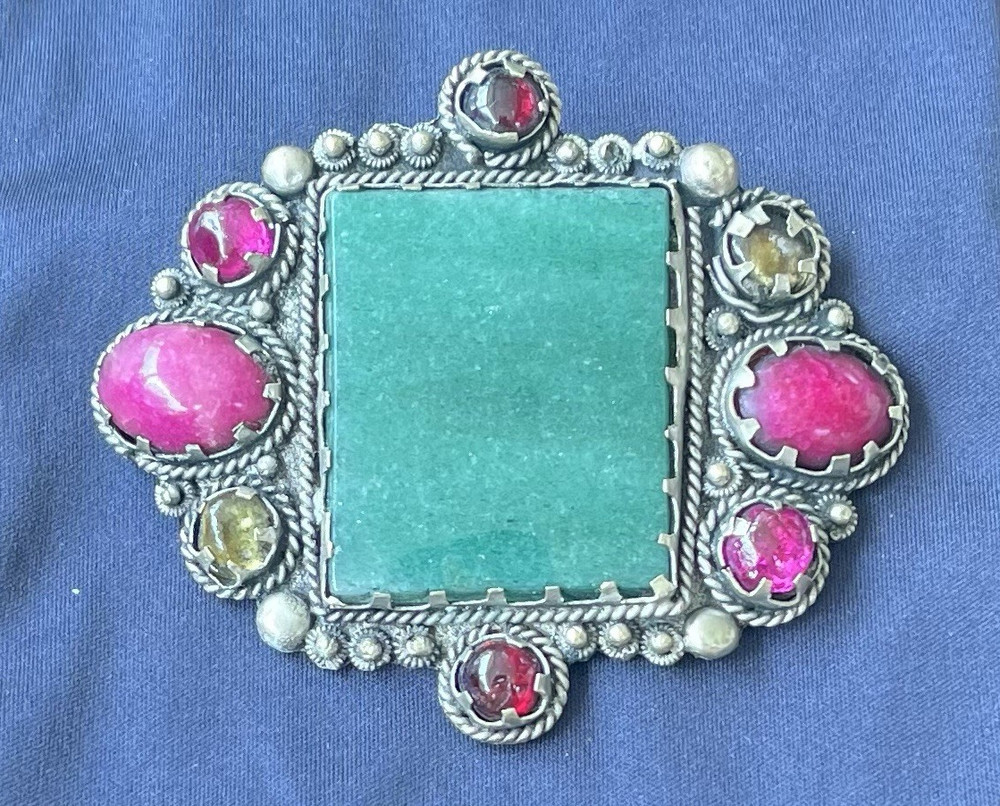 Vintage Silver Tone Rectangle Brooch Pin, Square Green Stone, 2.5in