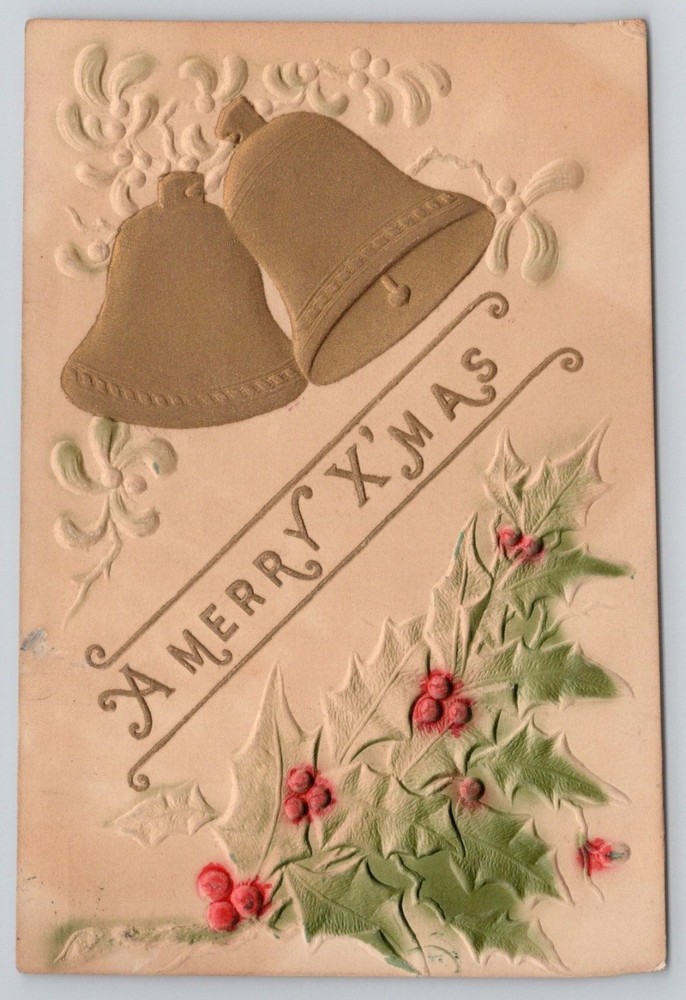 Vintage Embossed Christmas Postcard Bells Holly & Berries Detroit 1908 Posted