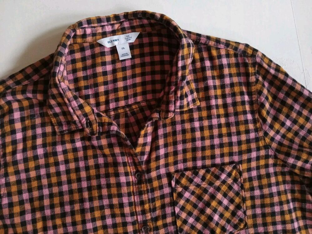 Old Navy XXL Womens Flannel Shirt Orange Pink Black Plaid Cotton Button-Up